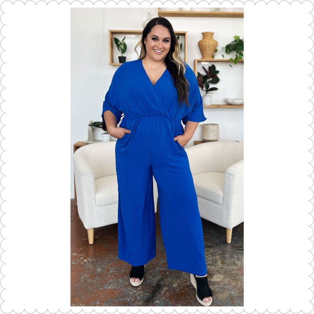 Blue Wide-Leg Surplice Jumpsuit